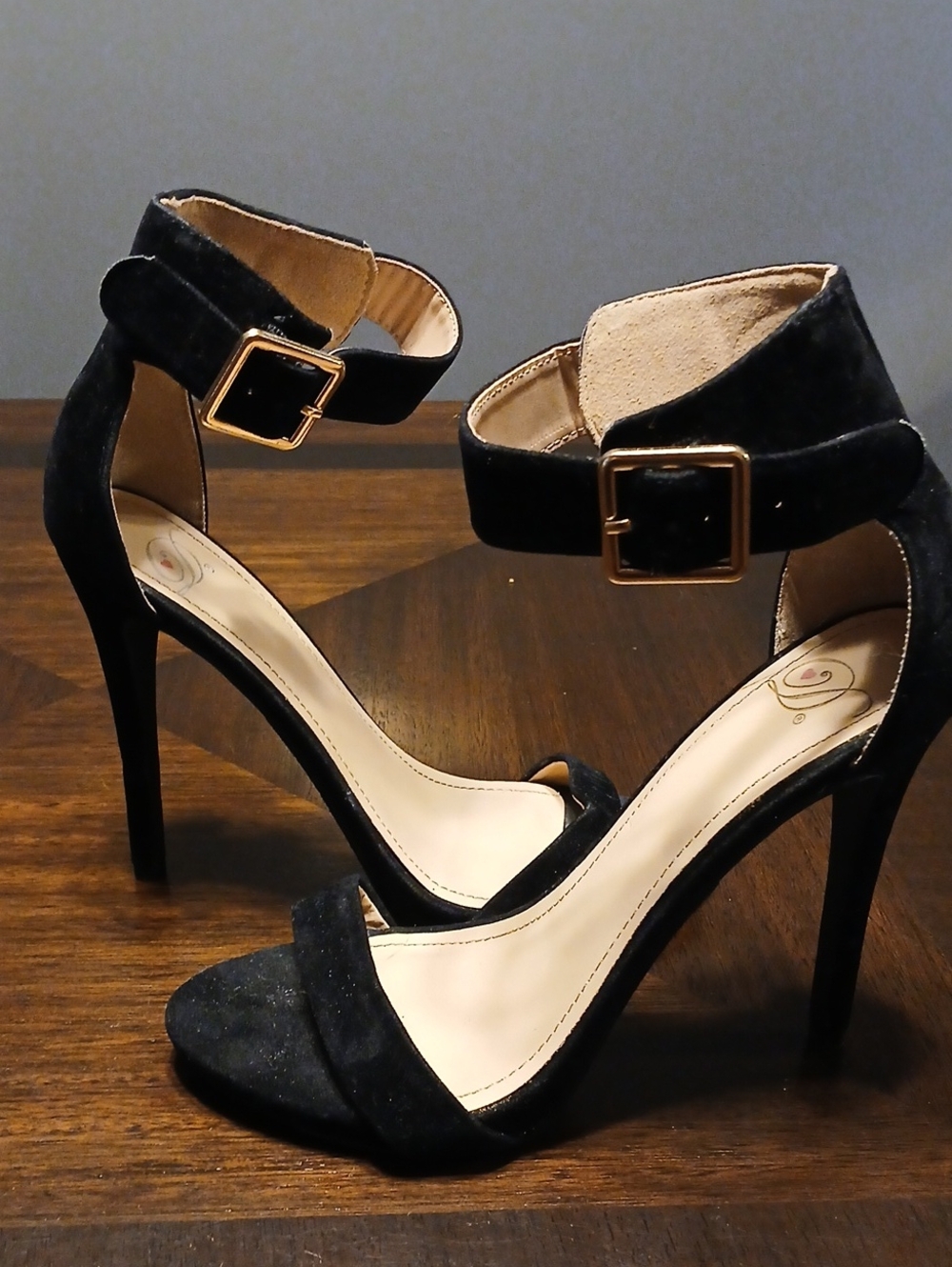 Black Ankle Strap Stiletto Sandals with Gold Buckle